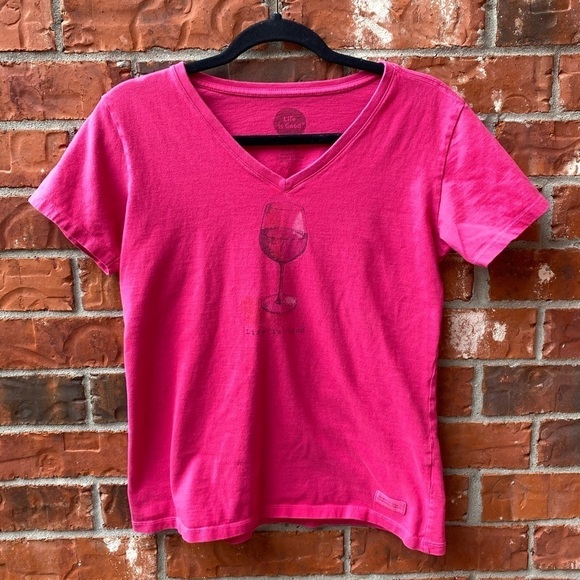 Life Is Good Womens Small Crusher Tee Pink Glass of Wine Vneck Tshirt - Picture 1 of 9